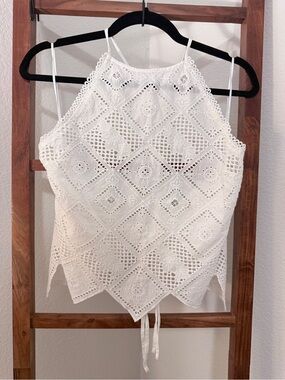 Free People White Lace Hankie Halter Top Camisole Size XL NWOT
